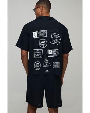BoohooMAN Travel Stamp Linen Blend Regular Fit Short Set - Blue