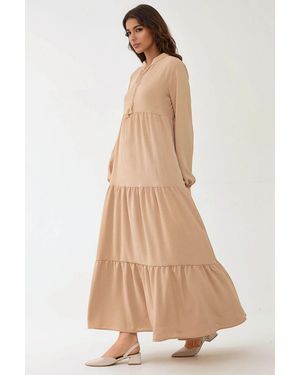 Hiccup Textured Long Sleeve Crew Neck Maxi Dress - Natural