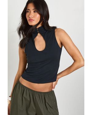 Boohoo Cupro Key Hole Button Detail Sleeveless Top - Blue