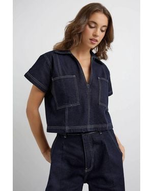 Hiccup Denim V-Neck Short Sleeve Crop Top - Blue