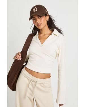 Boohoo Ribbed Open Collar Detail Top - White