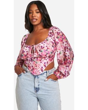 Boohoo Plus Floral Tie Front Corset Top - Red