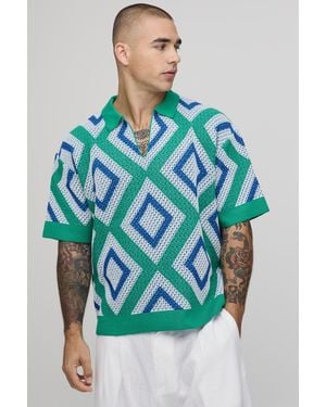 BoohooMAN Oversized Boxy Crochet Tapestry Knitted Polo - Blue