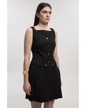 Karen Millen Ponte Button Front Pleated Mini Dress - Black