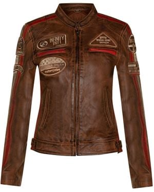 Infinity Leather Biker Racing Badges Jacket-Agadir - Brown