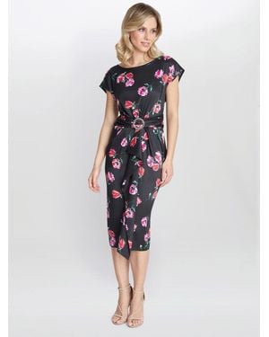 Gina Bacconi Saffron Floral Print Satin Dress With Buckle - Blue