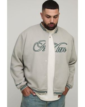 BoohooMAN Plus Oversized Jersey Embroidered Varsity Jacket - Grey