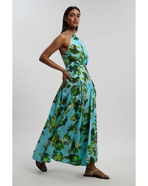 Karen Millen Petite Lime Print Cotton Halter Neck Woven Midi Dress With Dropped Waist Detail - Green