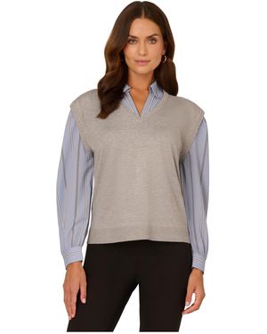Adrianna Papell Oversized Jumper Vest Twofer With Printed Woven Combo - Grey