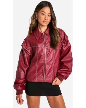Boohoo Tall Pu Contrast Stitch Oversized Bomber Jacket - Red