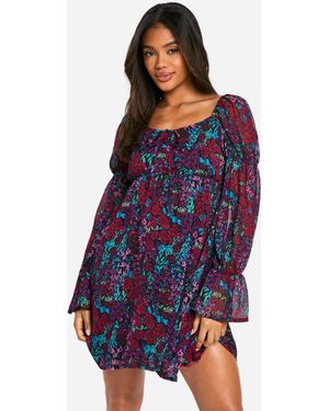 Boohoo Floral Crinkle Chiffon Long Sleeve Smock Dress - Blue