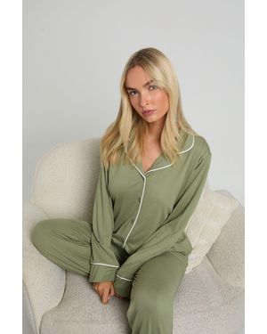 Boohoo Jersey Piping Detail Long Sleeve Shirt & Trouser Pyjama Set - Green