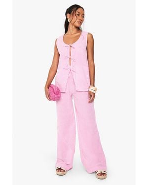 Boohoo Seersucker Stripe Tie Front Sleeveless Top & Trousers Beach Co-Ord - Pink