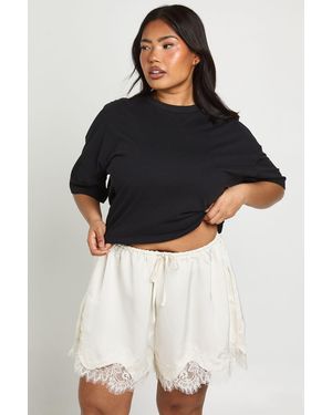Boohoo Plus Lace Trim Satin Shorts - Black