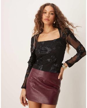 Gina Tricot Sheer Square Neck Top With Placement Embroidery Applique - Red