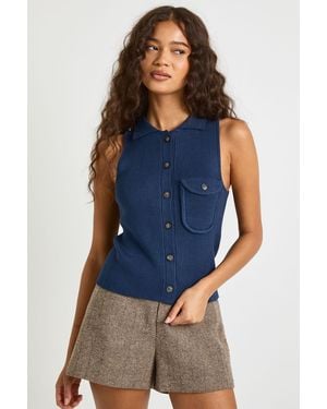 Boohoo Premium Chunky Rib Pocket Detail Knitted Waistcoat - Blue