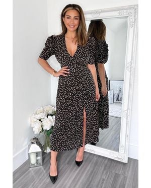AX Paris Heart Printed Pleated Sleeve Midi Dress - Grey