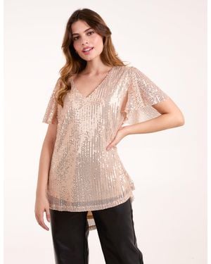 Blue Vanilla Angel Sleeve V Neck Sequin Top - Natural