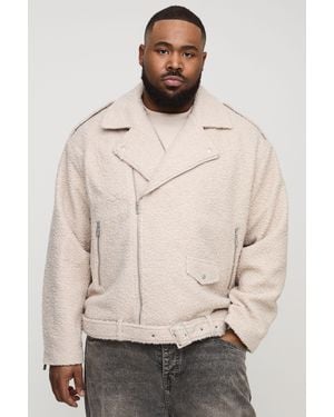 BoohooMAN Plus Oversized Boucle Biker Jacket - Natural