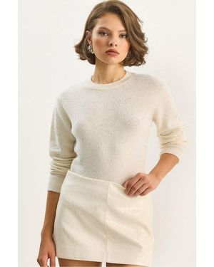 Bianco Lucci Crew Neck Knit Jumper - Natural