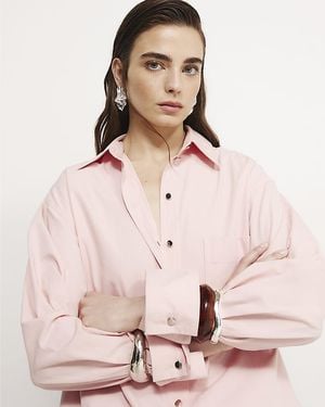 River Island Shirt Cinch Back Long Sleeve Collared Cotton - Pink