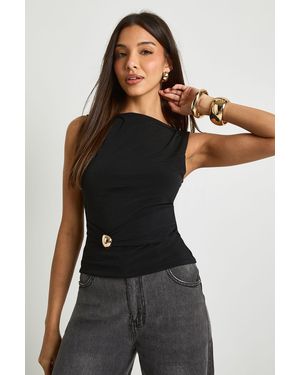 Boohoo Slash Neck Sleeveless Trim Belt Top - Black
