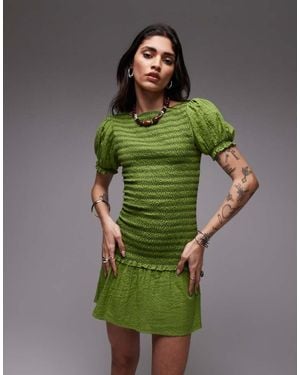 TOPSHOP Shirred Mini Dress With Contrast Stitch - Green