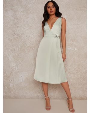 Chi Chi London Pleated Wrap Dress With Belt Detail - Green
