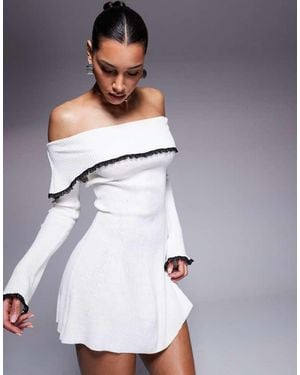 Missy Empire Knitted Bardot Fold Over Lace Trim Mini Dress - White