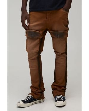 BoohooMAN Skinny Stack Flare Multi Pocket Distressed Spray Wash Cargo Trousers - Brown