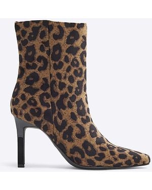 River Island Ankle Boots Leopard Print Heeled Textile - Brown
