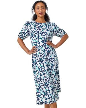 Roman Petite Floral Stretch Midi Dress - Blue