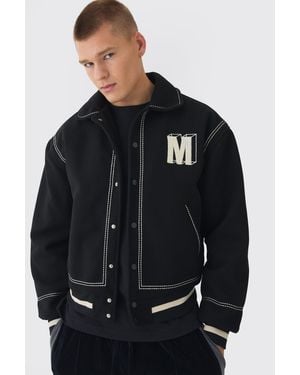 BoohooMAN Boxy Stitch Detail Melton Varsity Jacket - Black