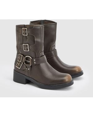 Faith Seline Faux Leather Medium Block Heel Biker Boots - Brown