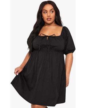 Boohoo Plus Tie Front Pleated Cotton Skater Dress - Black