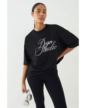 DSGN Studio Script Embroidered Crew Neck Oversized T-Shirt - Black