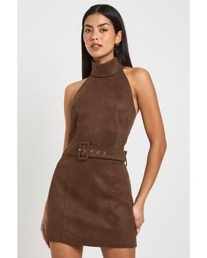 Boohoo Fuax Suede Halterneck Belt Detail Mini Dress - Brown