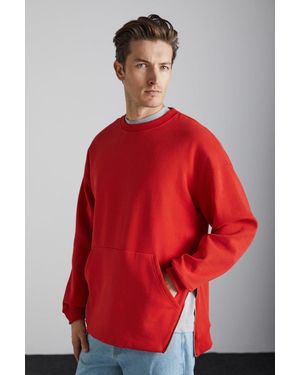 Grimelange Crew Neck Zip Pocket Sweatshirt - Red
