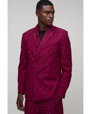 BoohooMAN Relaxed Fit Rhinestone Embellished Suit Jacket - Red