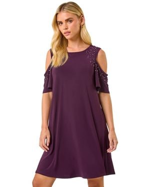 Roman Petite Sparkle Cold Shoulder Shift Dress - Purple