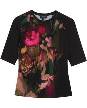 Ted Baker Floene Printed Skinny Fit Quarter Sleeve Top Viscose - Black