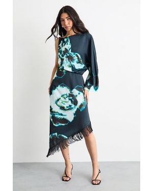 Warehouse Placement Print One Shoulder Satin Midi Dress - Blue