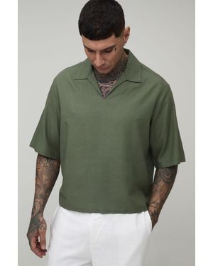 BoohooMAN Tall Linen Blend Boxy V Neck Polo - Green