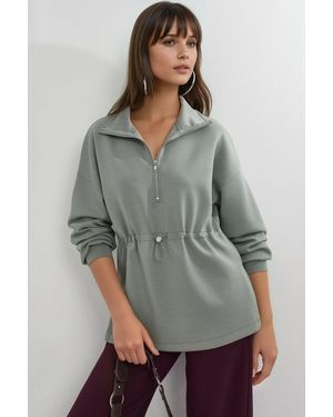 Busem Zipper Collar Sweatshirt With Adjustable Waist - Grey