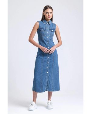 Hiccup Polo Collar Buttoned Sleeveless Midi Dress - Blue