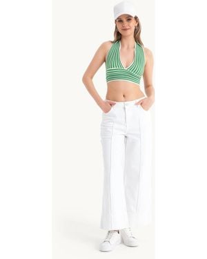 Hiccup Striped Deep V Neck Halter Backless Crop Top - White