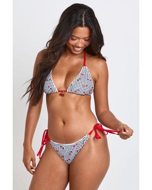 Boohoo Cherry Print And Trim Triangle Top And Tie Side Bikini Bottoms - Black