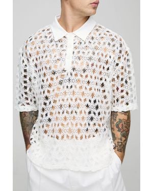 BoohooMAN Oversized Crochet Knitted Polo - White