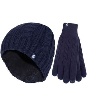 Heat Holders Ladies Fleece Lined Thermal Hat & Gloves Set For Winter - Blue