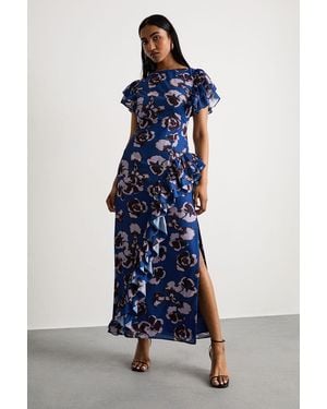 Warehouse Side Split Ruffle Detail Maxi Dress - Blue